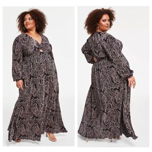 Nina Parker Plus| Keyhole Printed Pleated Jersey Maxi Dress